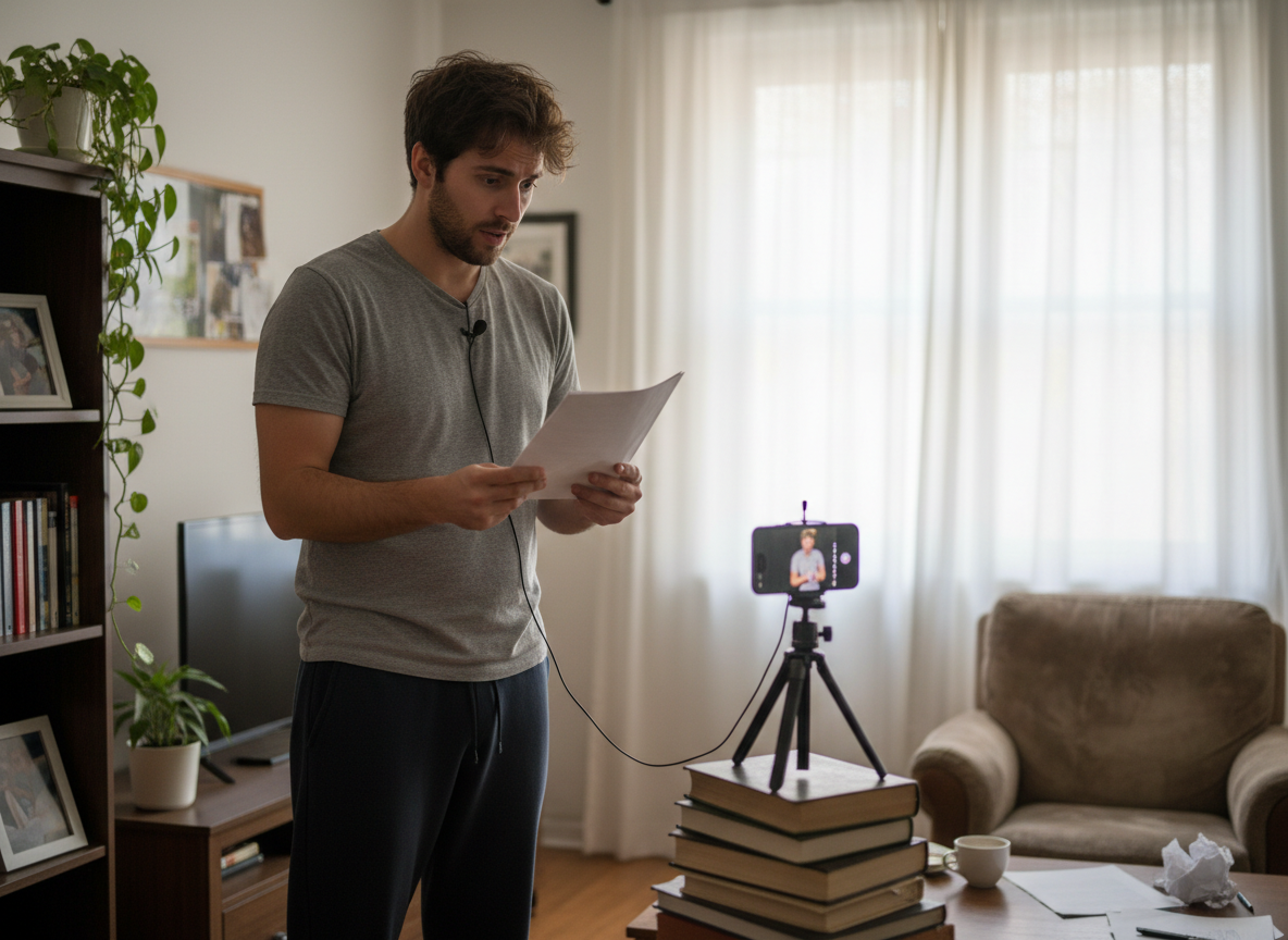 Teen actor reading lines in a living room
